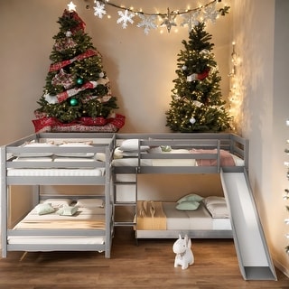 Full and Twin Size L-Shaped Bunk Bed with Slide and Short Ladder