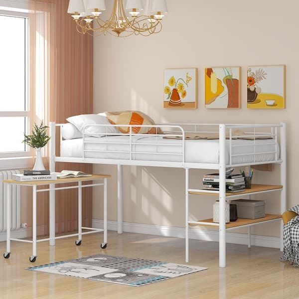 slide 2 of 9, Twin Size Metal Loft Bed with 1 Rolling Desk and 2 Shelves, White