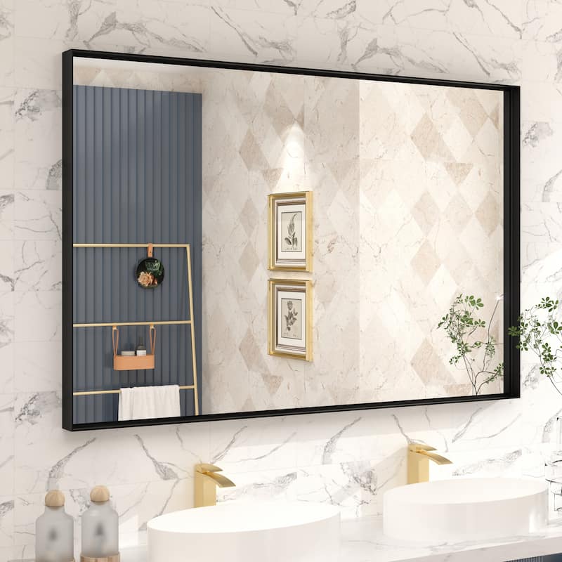 Full Size Metal Frame Wall Mirror Black Tempered Glass for Bathroom - 32x48