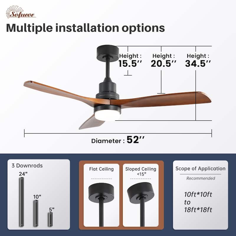 52" Solid Wood Noiseless 3-Blade Ceiling Fans with Dimmable LED Light Optional and Remote, 6-Speed Reversible DC Motor