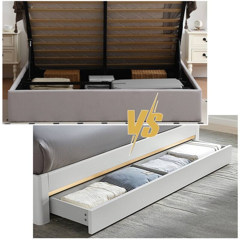 Plywood Frame Upholstered Platform Bed with Lift-up Storage Supported by Metal and Wooden Slats