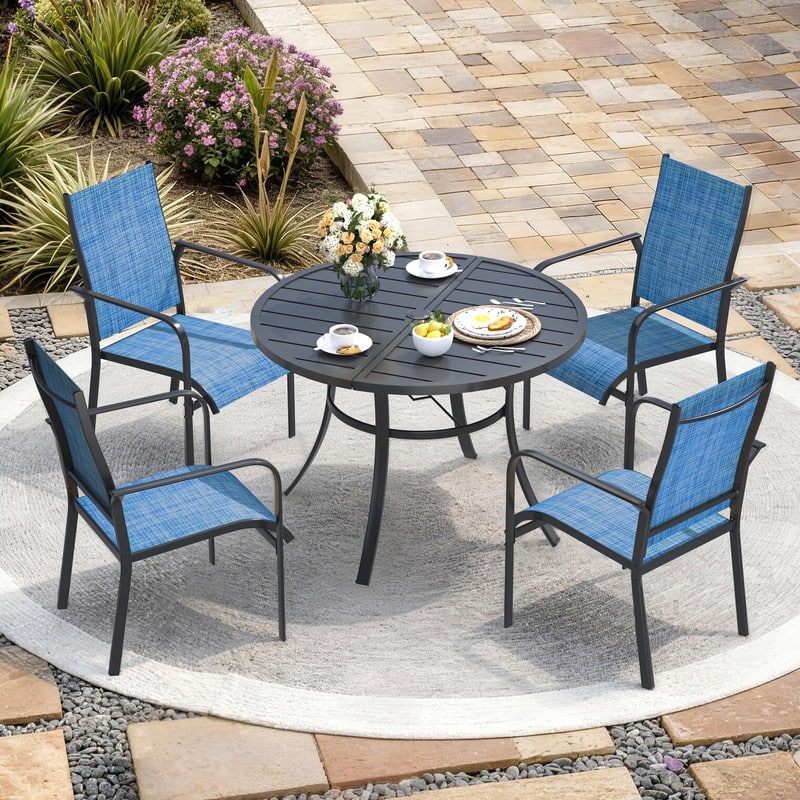 Patio Dining Set, Outdoor Dining Table and Chairs Set with Textilene Chairs, Adjustable Umbrella Hole for Garden, Backyard