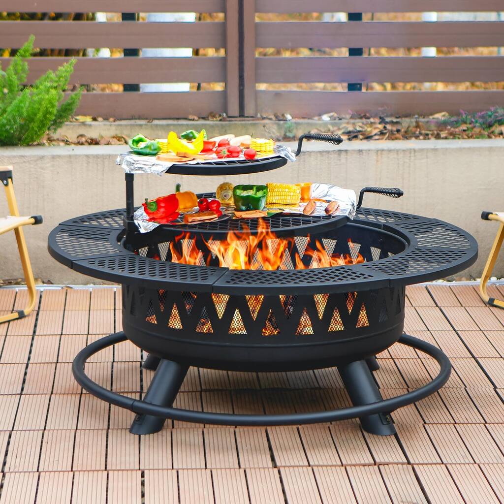 42 Inch Wood Burning Fire Pit with 2 Grills Lid 3 in 1 Round Metal Table for Backyard Patio Camping Picnic