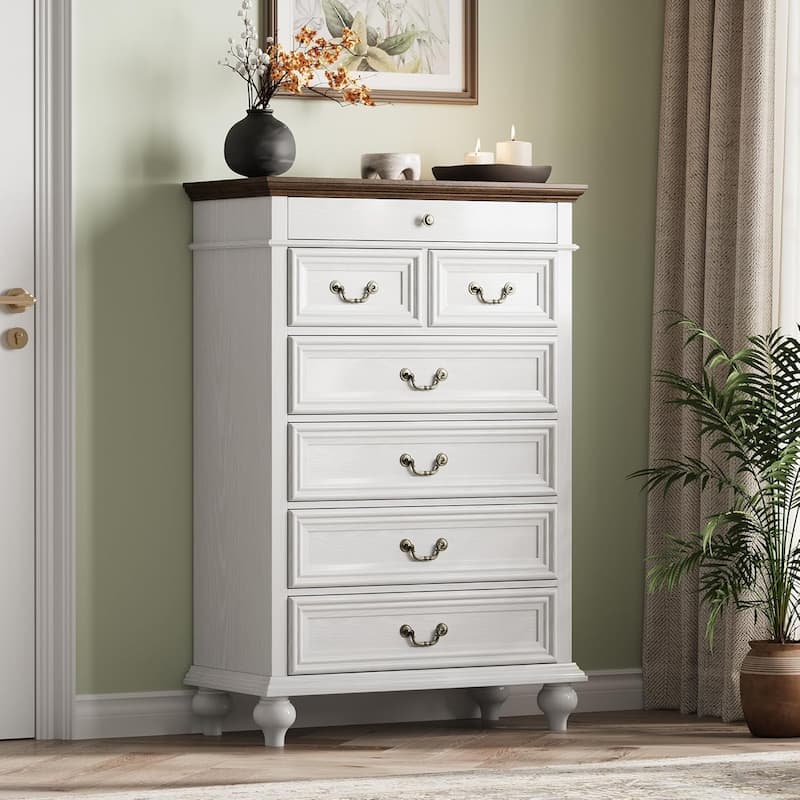7/9 Drawer Dresser with Jewelry Storage, Rustic Wood Chest with Metal Handles, Vintage Storage Organizer - 7-drawer - White
