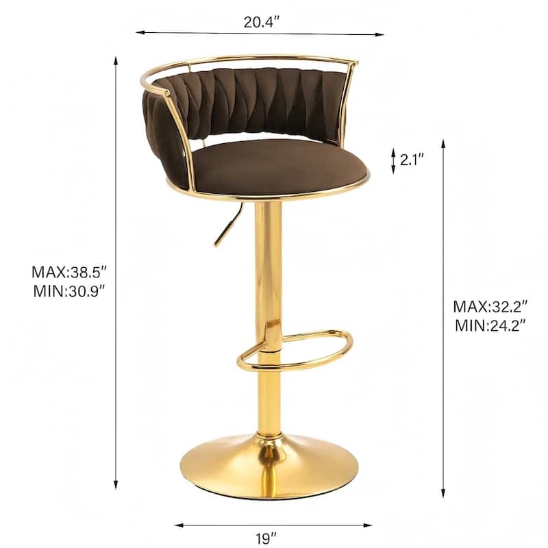 Velvet Upholstered Adjustable Bar Stool Swivel Counter Chair Set of 2
