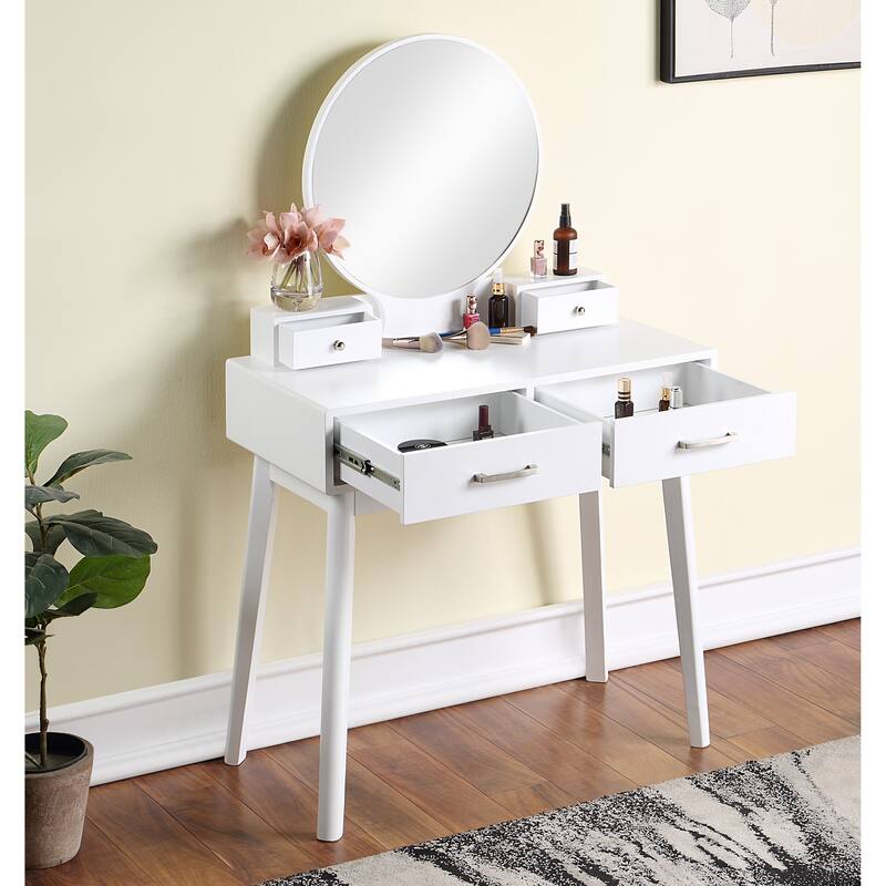 Liannon Contemporary Wood Vanity and Stool Set,Round Mirror