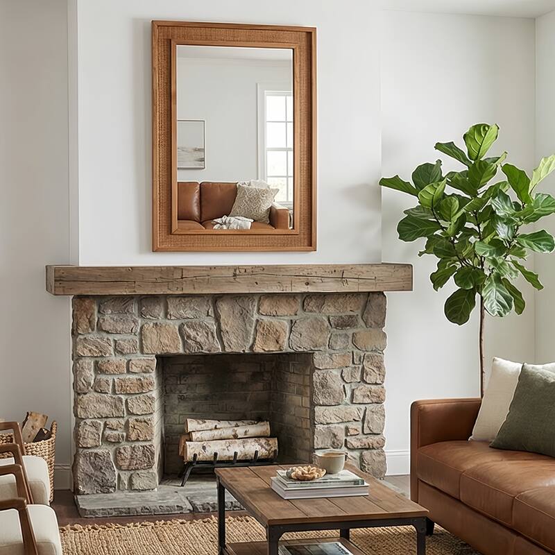 24"x36" Rattan Rectangle Solid Wood Frame Decorative Mirror,For Farmhouse,Bathroom,Home Decor,Entryway