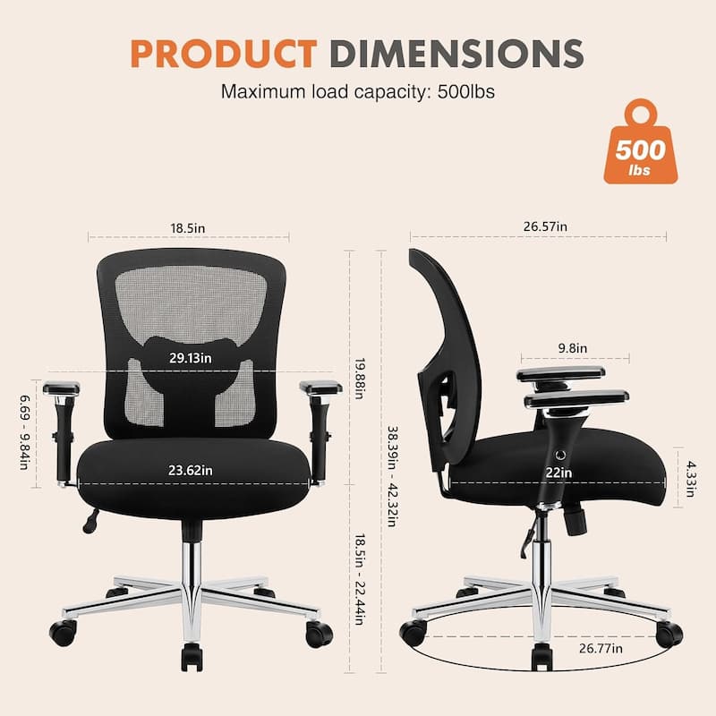 Big and Tall Office Desk Chair with Lumbar Support - 22"D x 26.77"W x 42.32"H