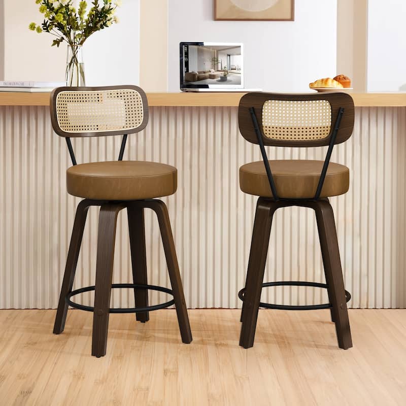 XINMICS 26 Inches Swivel Counter Height Bar Stools with PE Rattan Back, Faux Leather Upholstered Bar Chairs, Set of 2/3/4