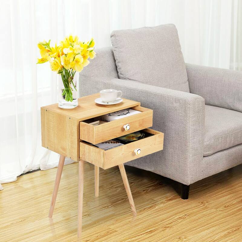 Costway Mid Century Modern 2 Drawers Nightstand In Natural Sofa Side