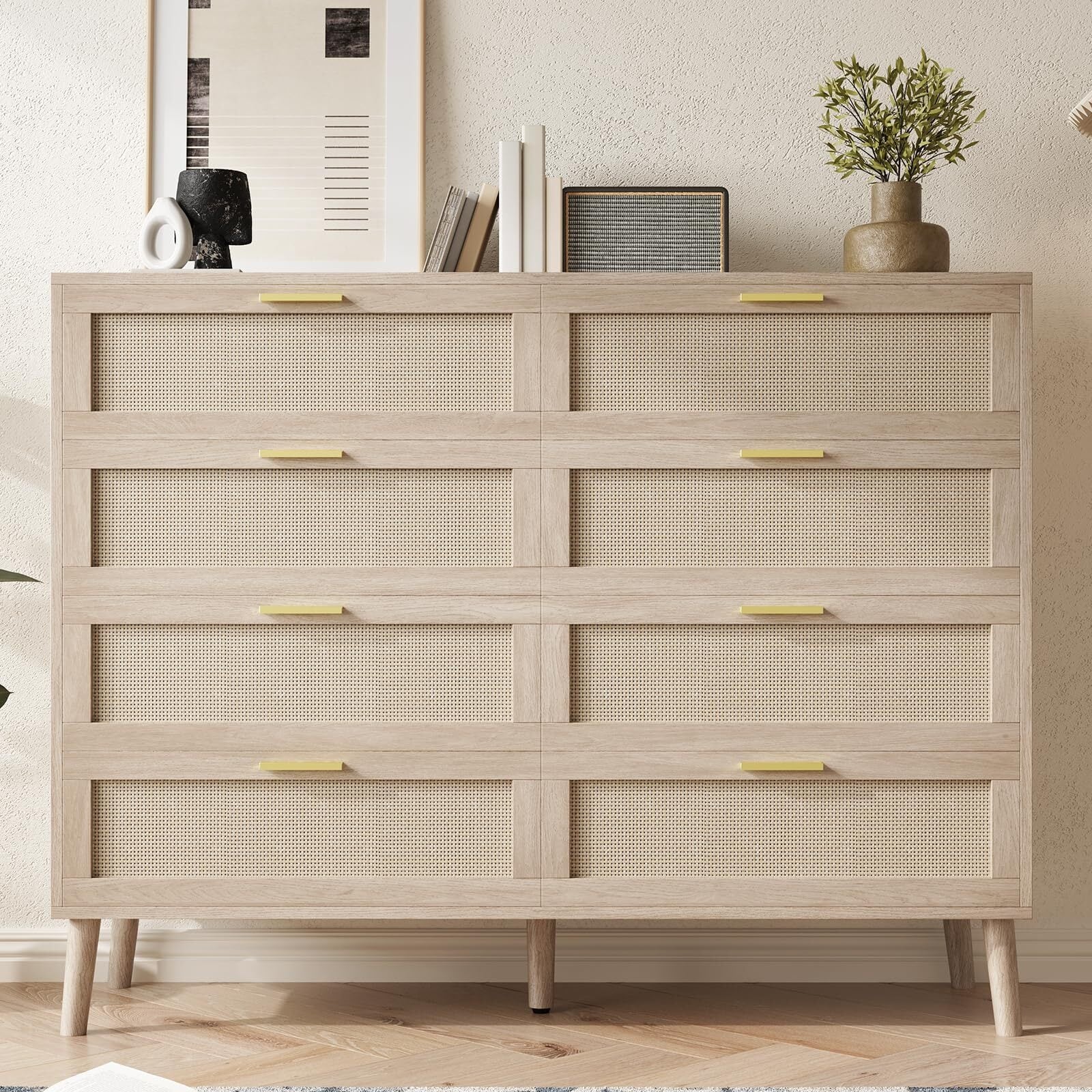 8 Drawer Dresser, Natural Rattan Dresser for Bedroom with 5 Strong Legs