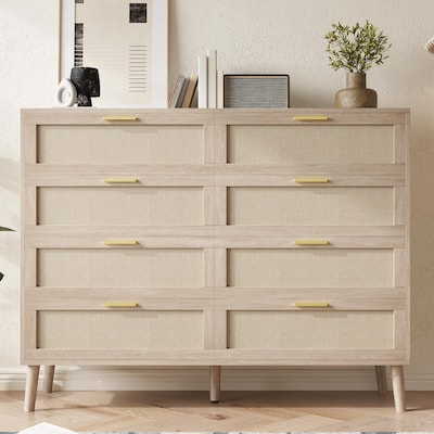 8 Drawer Dresser, Natural Rattan Dresser for Bedroom with 5 Strong Legs