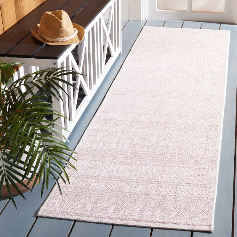 SAFAVIEH Courtyard Rozenn Indoor/ Outdoor Waterproof Patio Backyard Rug - 2'3" x 8' Runner - Ivory/Pink