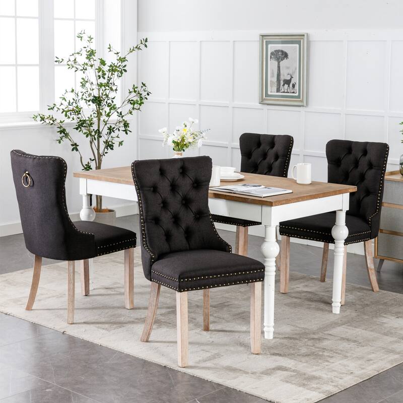 Linen Upholstered Dining Chairs Set of 2, Tufted Kitchen Side Chairs, Dining Room Chair with Solid Wood Legs & Nailhead Trim