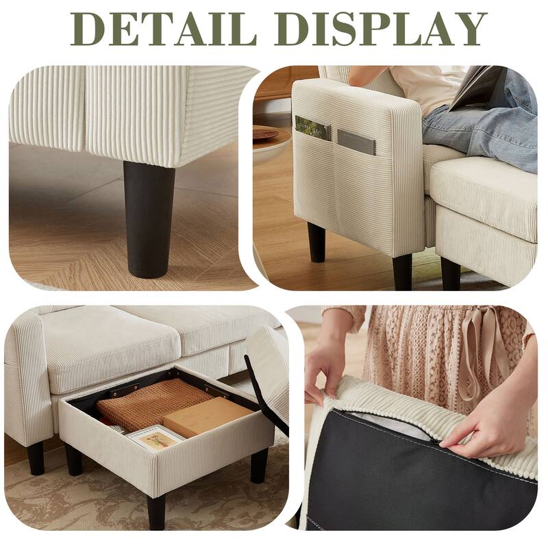 3 Pieces Corduroy Living Room Set with Sofa ,Storage Ottoman and Chair