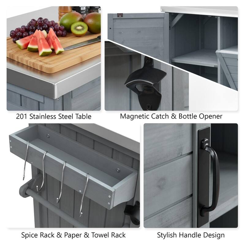 78.3" Outdoor Kitchen Island with Foldable Grill Table, Trash Can Storage & Stainless Steel Top