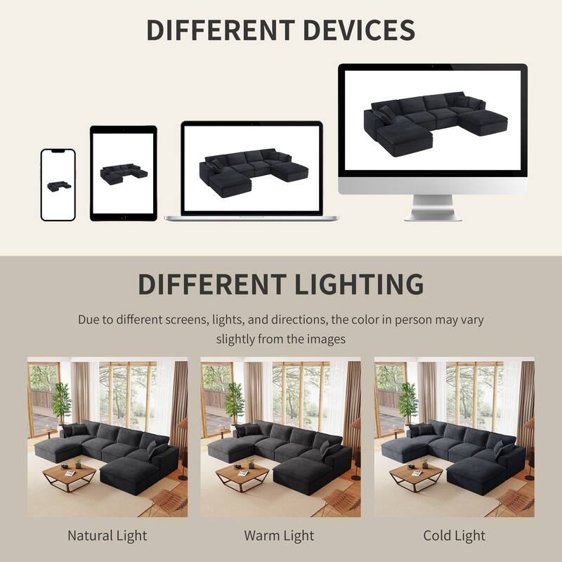 U Shaped Modular Sectional Sofa with Ottomans, Oversized Corduroy Upholstered Cloud Sofa, Fully Compressed 6 Seat Sofa