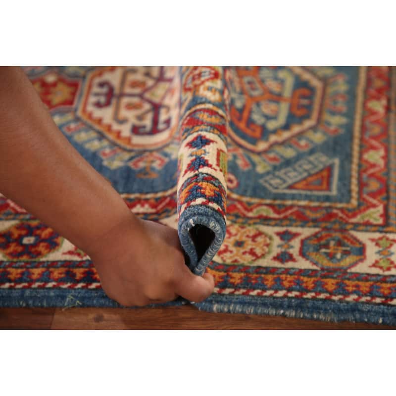 Blue Kazak Oriental Accent Rug Hand-Knotted Geometric Wool Carpet - 2'8"x 4'1"