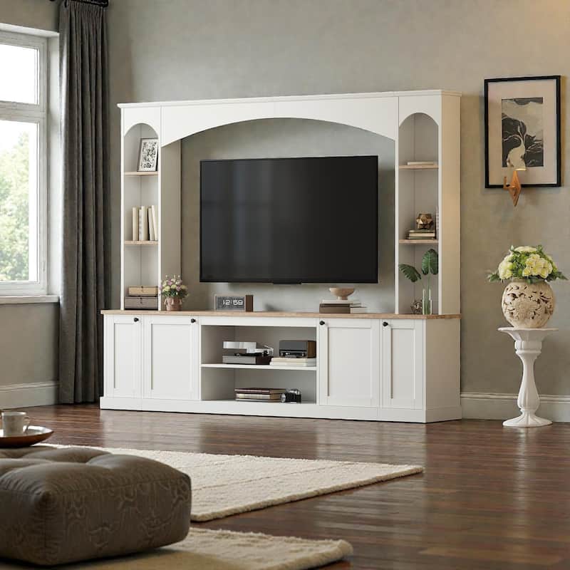 91" Farmhouse Entertainment Center with Arched Bookshelves, Large TV Stand for TVs up to 70", Media Console