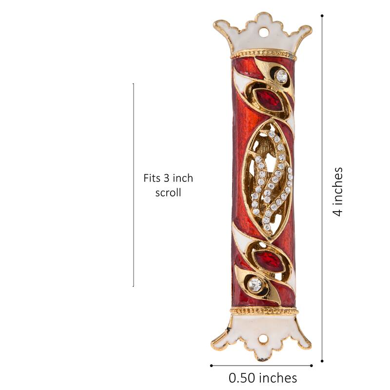 Matashi 4.5" Hand Painted Enamel Mezuzah Embellished with a Royal Red Design with Gold Accents Red and Clear Crystals