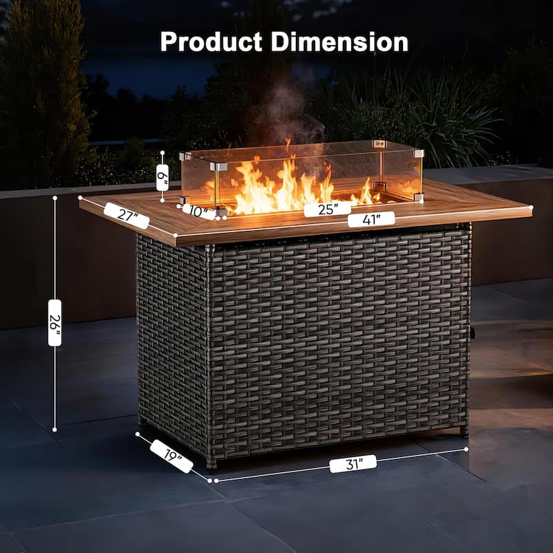 Meyreso 41 in. Rectangular Brown Wicker and Metal Propane Gas Outdoor Fire Pit Table with Lava Rocks, 50000 BTU