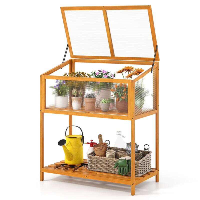 Gymax Wood Cold Frame Greenhouse w/Transparent Openable Roof & Slatted - Orange