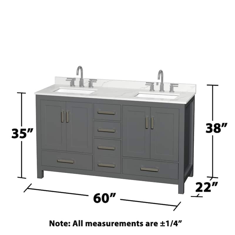 Sheffield 60-inch Double Vanity, 3 Hole Quartz Top, Med Cabinets