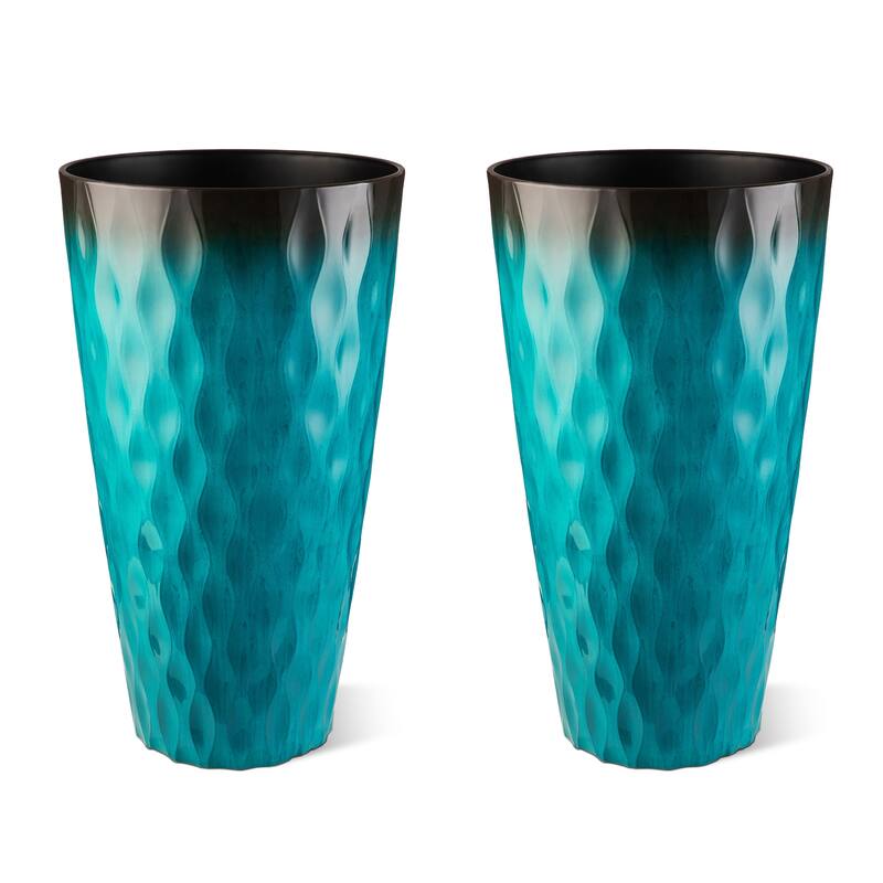 Glitzhome 23.75"H Set of 2 Oversized Wavy Texture Cobalt Blue/Turquoise/Red Tall Plastic Planter