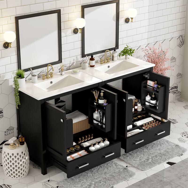 60" Bathroom Vanity Set with Double Vanities (Separate), Double Ceramic Sinks, Storage Shelf, and Divided Drawers