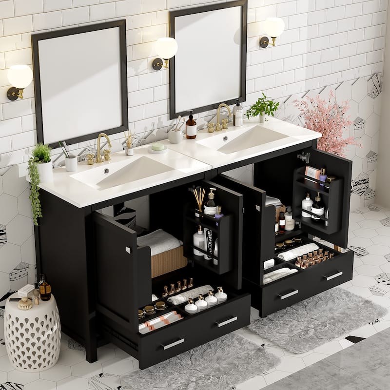 GDFStudio - Aurora Wood & Ceramic Bathroom Vanity Set with Sink and Divided Drawers - 60" - Black
