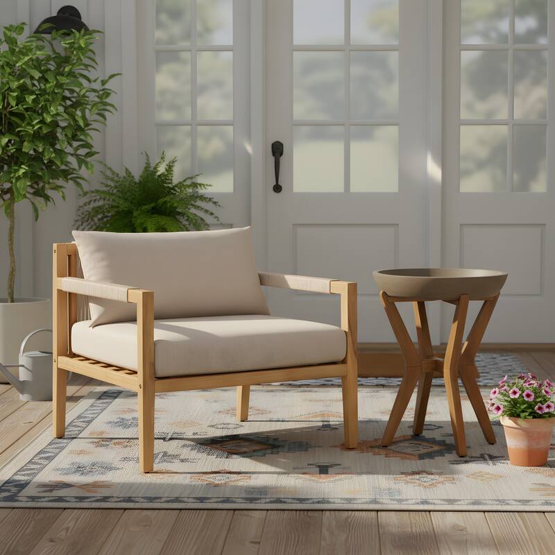 Christopher Knight Home - Modern Outdoor Solid Wood Rope Leisure Chair with Beige Cushion and Side Table - Grey Side Table - 1 chair