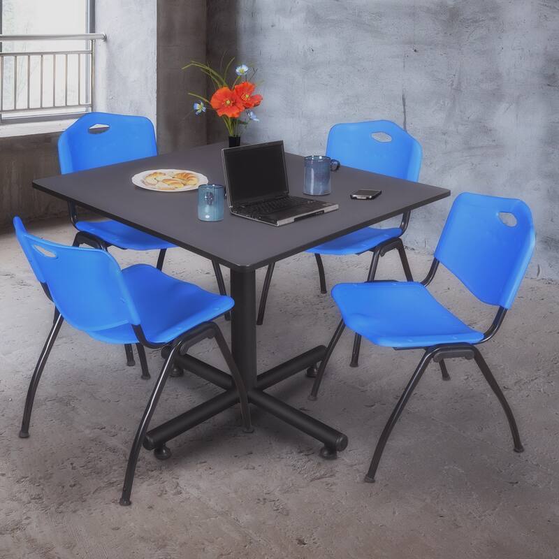 48 in. Square Breakroom Table- Grey & 4 'M' Stack Chairs- Blue