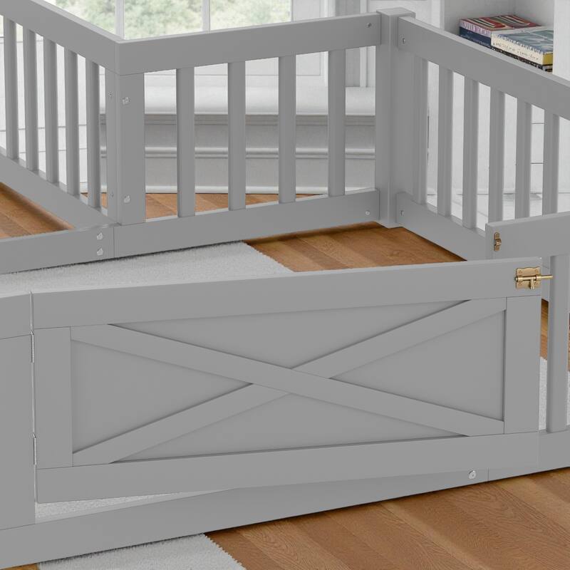 Twin/Full Size House Floor Bed with Door and Guardrails, Double Twin/Full Solid Wood Montessori Bed for Kids