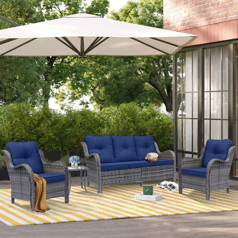 4 Piece Outdoor High Back Wicker Patio Conversation Furniture Sets