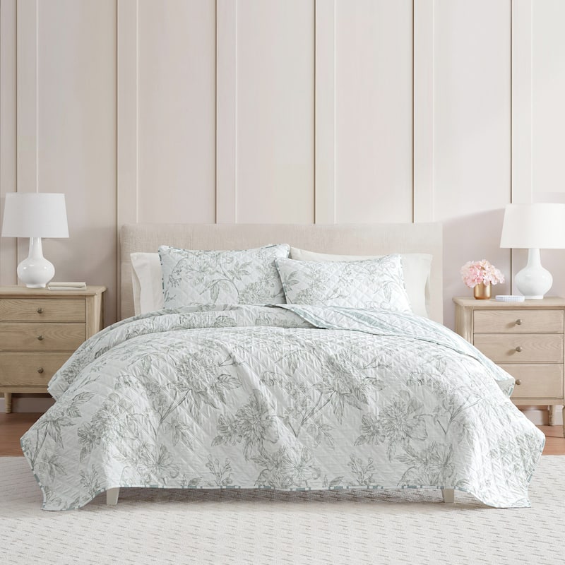 Martha Stewart Vine Flora Cotton Reversible Green Quilt Set