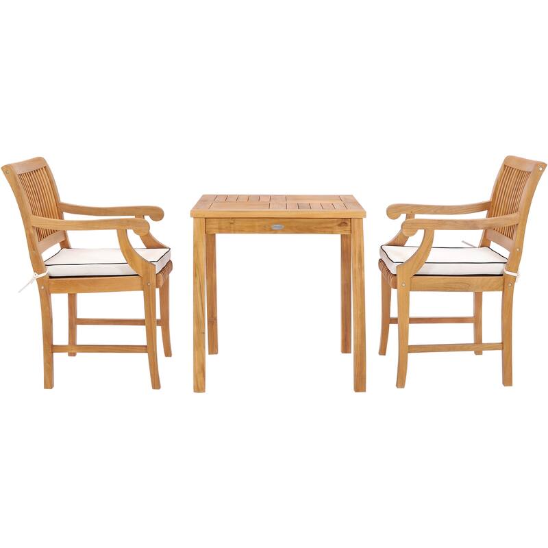 Chic Teak 3 Piece Teak Wood Florence Intimate Bistro Dining Set including 27" Square Table and 2 Arm Chairs
