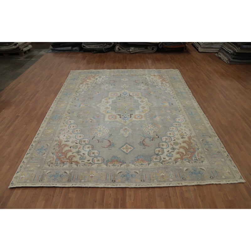 Hand Knotted Oriental 100% Wool Carpet Traditional Medallion Greys & Charcoal Tabriz Area Rug - 12' 2'' X 9' 8''