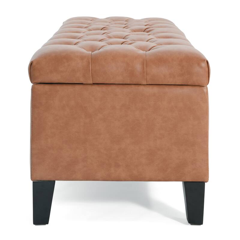 Button-Tufted PU Storage Ottoman - Cognac Brown Upholstered Accent Piece