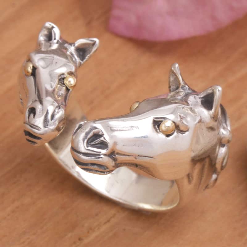 Novica Handmade Wild Stallion Men'S Gold-Accented Wrap Ring