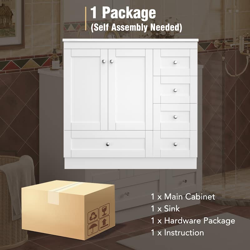 36" Shaker Style Bathroom Vanity with Ceramic Sink, Soft-Close Doors, 4 Drawers, Painted MDF Cabinet