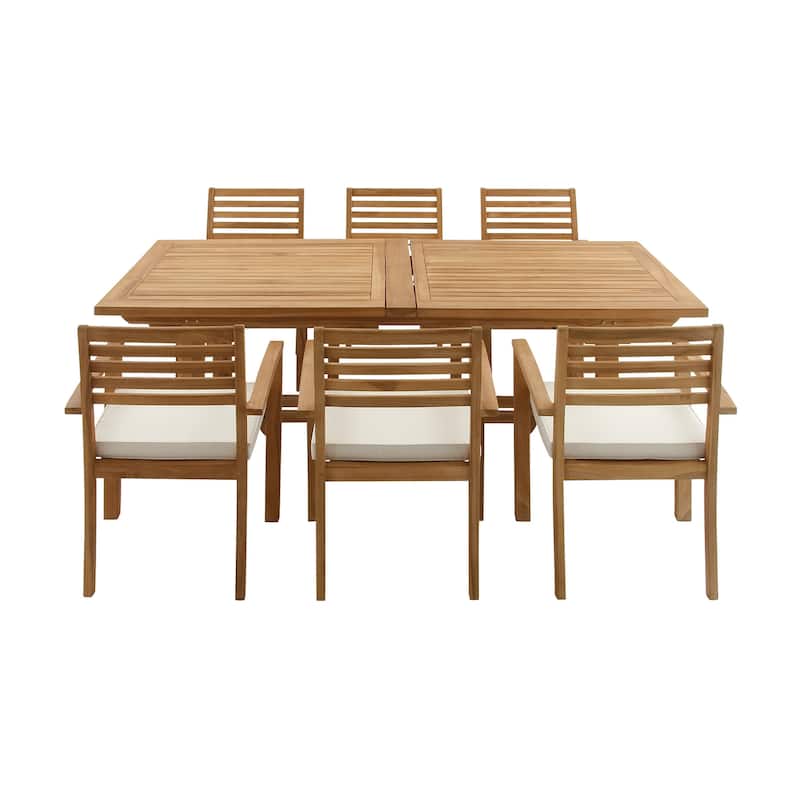 Brown Teak Wood Patio Outdoor Dining Set with White Cushions and Extendable Table Leaf (Set of 7) - 83"W, 30"H(A+B)