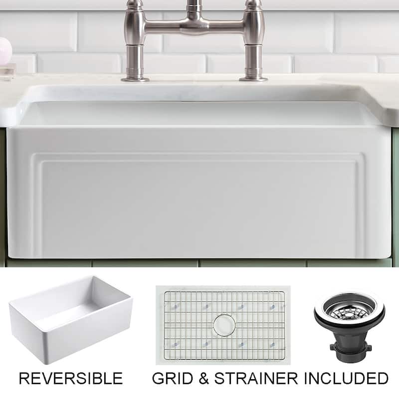 Olde London Fireclay 30" Reversible Farmhouse Kitchen Sink Set