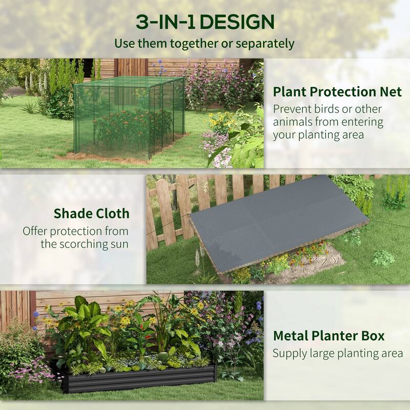 Outsunny Galvanized Raised Garden Bed with Crop Cage Plant Protection Net and Shade Cloth, Metal Planter Box