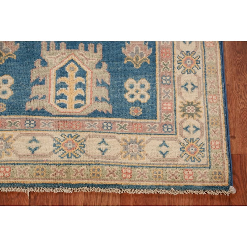 Blue Kazak Foyer Rug Handmade Traditional Geometric Wool Carpet - 2'7"x 3'11"