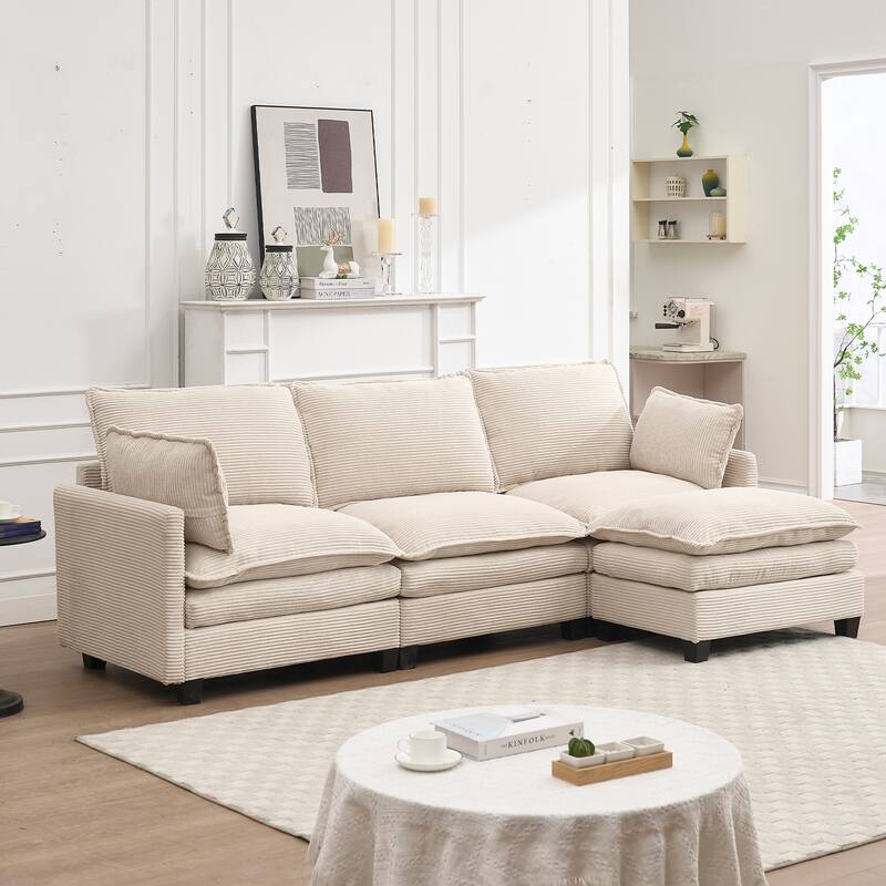 102" Velvet U-Shaped Sectional Sofa with Ottoman & Lumbar Pillows - Beige