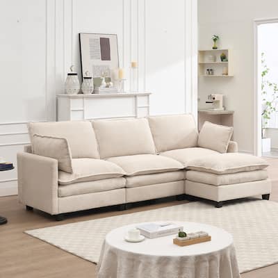 New Modular Beige Polyester U-Shaped 3-Seat Sofa with Ottoman and Pillows