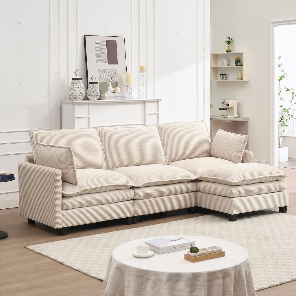 New Modular Beige Polyester U-Shaped 3-Seat Sofa with Ottoman and Pillows
