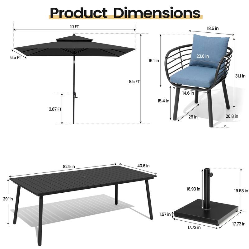 11PC Outdoor Patio Dining Set Aluminum Table with Sunbrella Cushion Chairs w/ Market Umbrella Sets