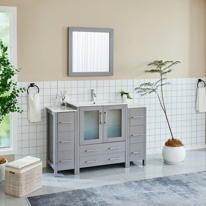 Vanity Art 54 Inch Single Sink Bathroom Vanity Set 8 Dove-Tailed Drawers 3 Cabinets 1 Shelf, Soft-Closing Doors with Free Mirror