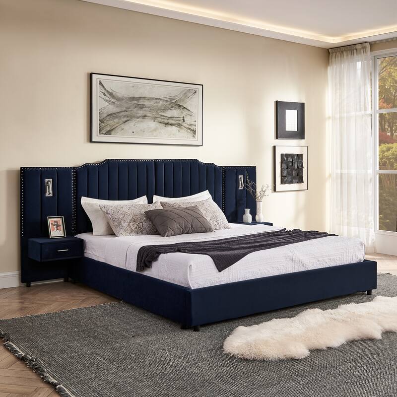 King/Queen Velvet Bed Frame with Vertical Stitch Headboard & Side Table